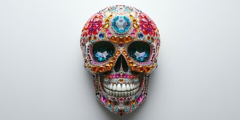 Colorful decorated skull adorned with gems and crystals displayed on a plain background and showcasing intricate craftsmanship