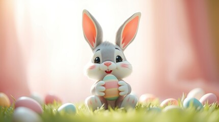 Fototapeta premium Adorable Easter Bunny Holding Pastel Egg in Grass