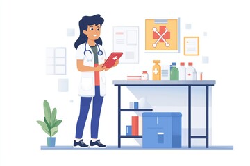 Fototapeta premium Medical professional in white coat checking patient records while standing near desk with medications and medical supplies in modern clinic office