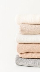 Elegant arrangement of folded wool sweaters in beige and cream hues, highlighting minimalism, comfort, and timeless style for cold seasons.