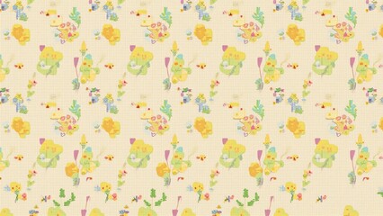 Whimsical Floral and Creature Pattern Pastel Yellow and Cream Textile Design