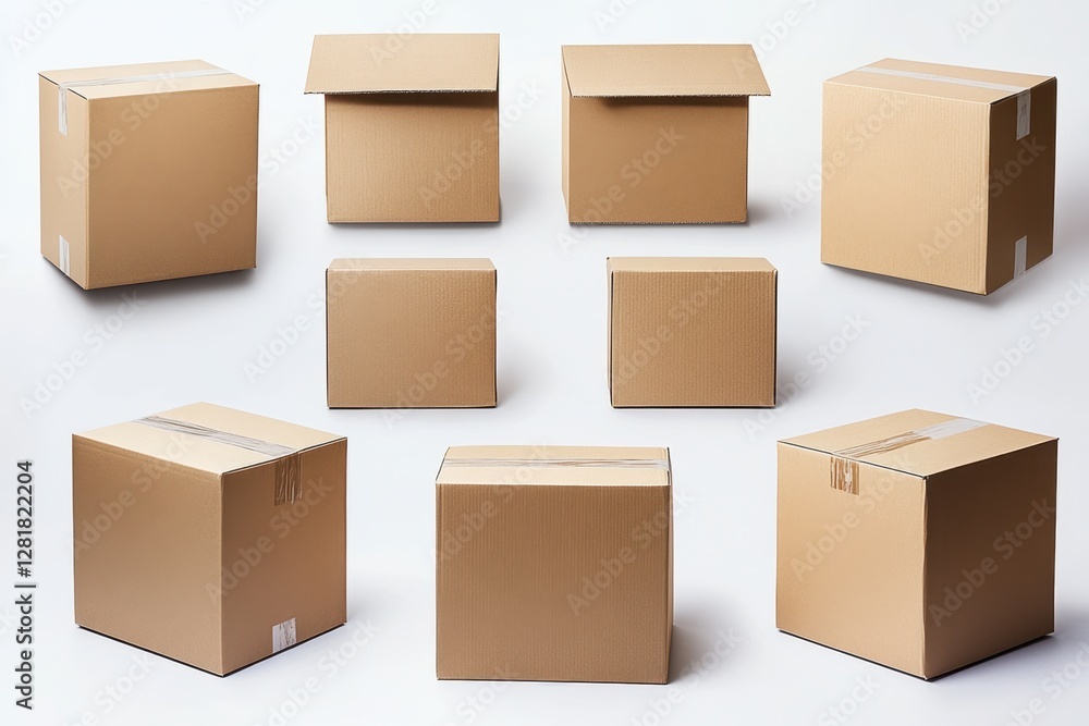 Poster assorted cardboard boxes on a clean white background showcasing different shapes and sizes for packa