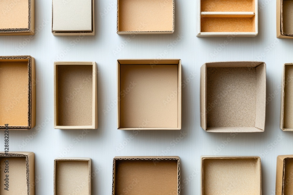 Poster aerial view of organized empty cardboard boxes on white background in flat lay style for packaging a