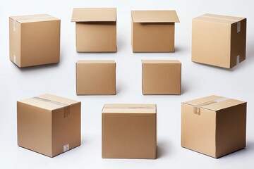 Assorted cardboard boxes on a clean white background showcasing different shapes and sizes for packaging and moving with a minimalist aesthetic and neutral tone
