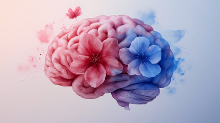 Watercolor Floral Brain Illustration with Pastel Pink and Blue Tones for Mindfulness and Mental Health Awareness Poster