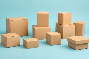 Fototapeta premium Assorted cardboard boxes in various sizes arranged on a light blue background in a studio shot for shipping and storage