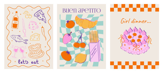 Set of abstract food posters with fruits, vegetables, cake, wine, pizza illustrations. Contemporary art prints in colorful trendy style. Dinner party wall art. Vector graphic