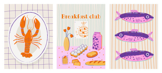 Set of abstract food posters with lobster, fish, breakfast illustrations. Contemporary art prints in colorful trendy style. Dinner party wall art. Vector graphic