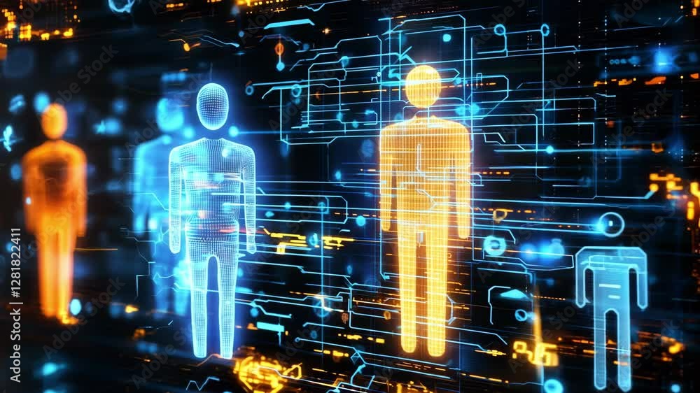 Poster colorful virtual figures interact within a complex digital network, highlighting advancements in tec