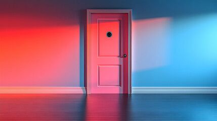Pink door in a room with red and blue light, mystery, choice, decision, opportunity