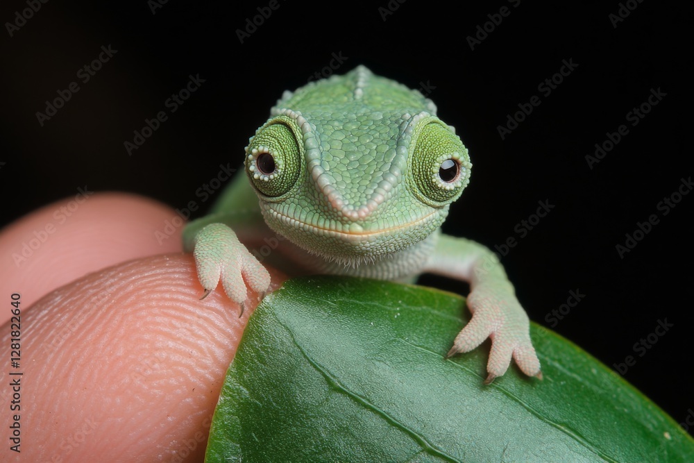 Poster green lizard perched on a finger while exploring a leaf in a close-up setting