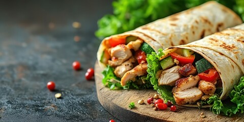 Delicious wraps filled with grilled chicken and fresh vegetables on a wooden board