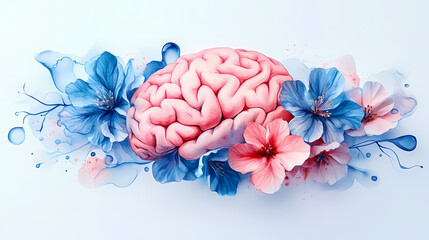 Watercolor Floral Brain Illustration with Pastel Pink and Blue Tones for Mindfulness and Mental Health Awareness Poster