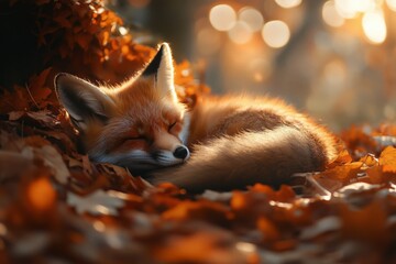 Fox sleeping peacefully in autumn leaves under soft sunlight in a serene forest setting
