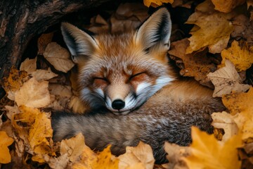 Fototapeta premium Fox resting in a cozy nest of autumn leaves during a quiet afternoon in the forest