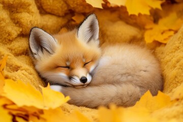 Obraz premium Sleeping fox nestled among vibrant autumn leaves in a cozy setting