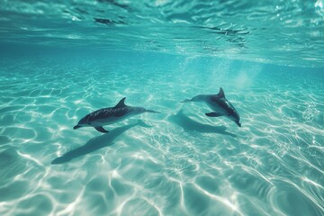 Obraz premium Dolphins swimming gracefully in clear turquoise waters during a sunny afternoon