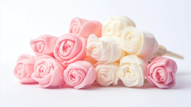 Festive bouquet of sweet sugar marshmallow rose flowers on white isolated white background. Mockup place for text. Edible flowers, small business, hobby. Delicious holiday gift. Natural organic baking