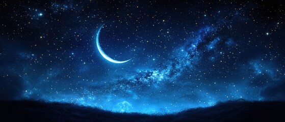 Serene celestial vista with a crescent moon illuminating a starry night sky over a tranquil landscape in deep blue tones