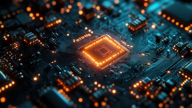 Close-up view of a glowing microprocessor on a circuit board with intricate connections and lights