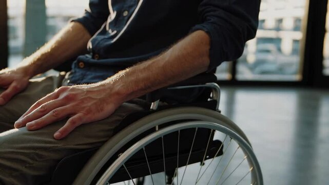 Professional office worker resting palms on legs while sitting in wheelchair near window, embodying workplace diversity and inclusion in contemporary corporate environment