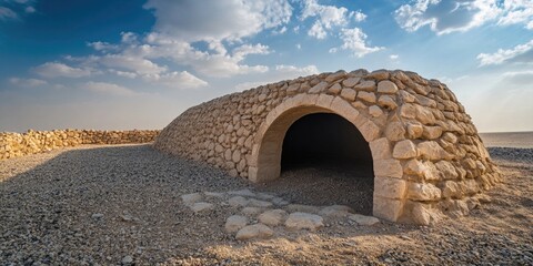 Old stone dwelling in desert. Architectural ruins of a house that could be thousands of years old, possibly from an ancient civilization.
