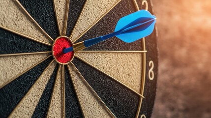 A close-up of a dartboard with a blue dart perfectly hitting the bullseye, symbolizing precision and focus in a game.