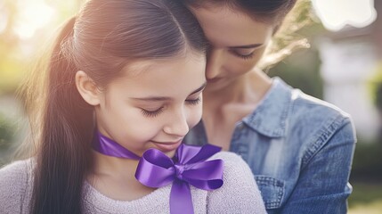 A touching moment between a mother and daughter sharing a warm embrace, with a purple awareness ribbon symbolizing support, advocacy, and love.