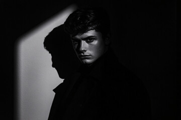 Fototapeta premium Dramatic High-Contrast Portrait of a Male Model in Moody Lighting, Featuring Fashion Aesthetics with Strong Shadows and Bold Color Accents