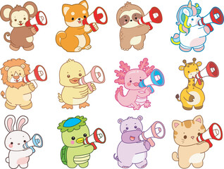 Fototapeta premium Set Vector Stock Illustrations Isolated of Baby Animals. Cute animals with various activities. Funny sticker of animal kids.