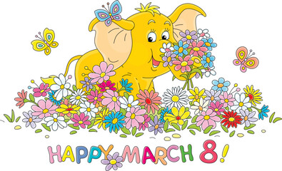 Obraz premium Happy March 8 card with a happy little baby elephant holding a beautiful bouquet among colorful flowers and merry butterflies flying around a pretty flowerbed in a spring garden, vector cartoon