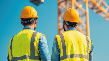 Two construction workers in yellow hard hats and reflective vests observe a construction site under a clear blue sky.