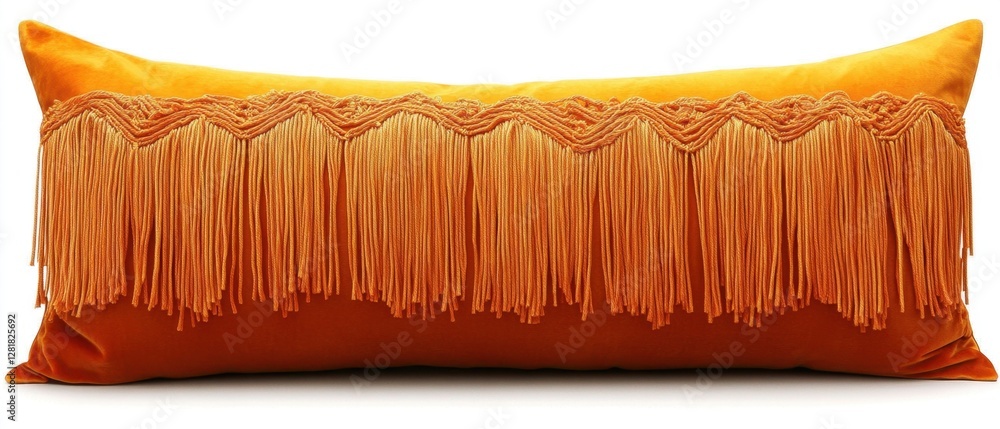 Poster luxurious orange lumbar pillow with decorative fringe detail casting soft shadows on a white backgro