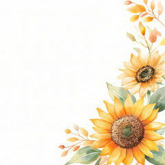 Dwarf Sunflower Corner frame of watercolor, with minimal details and a simple illustration. Floristic design elements for floristics, Greeting card, Floral print, Plant painted background, Watercolour