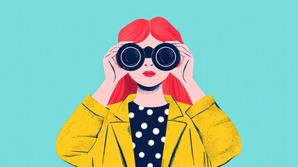 A colorful illustration of a woman with red hair wearing a yellow coat and polka-dotted shirt, looking through binoculars against a turquoise background.