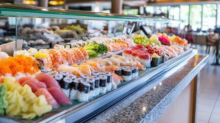 A sushi counter with freshly made sushi rolls, advertising style, copy space.