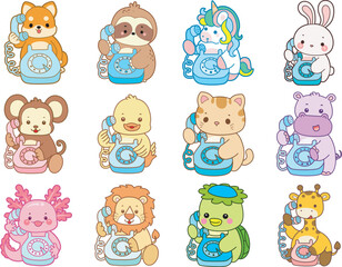 Set Vector Stock Illustrations Isolated of Baby Animals.
Cute animals with various activities.
Funny sticker of animal kids.