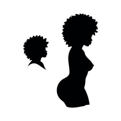 Black silhouette of afro woman with curly hairstyle and big hips, on transparent background, vector drawing for stencil
