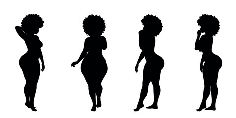 Black silhouette of afro woman with curly hairstyle, big hips, on transparent background, vector set in different poses
