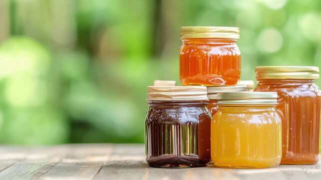 A honey and jam section with jars of honey and preserves, advertising style, copy space.