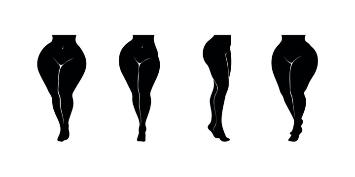 Black silhouette of african american woman with big hips, on transparent background, vector set