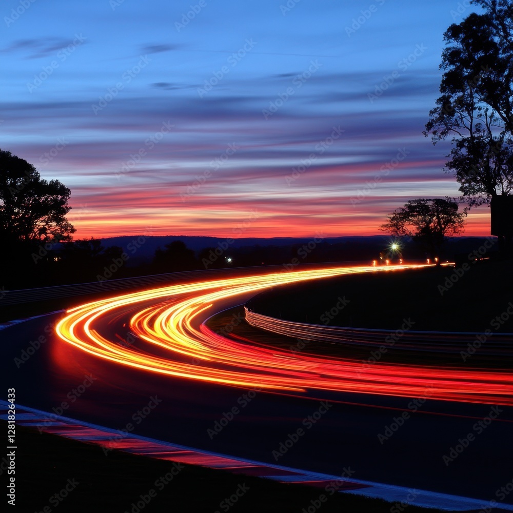 Poster dramatic sunset over racetrack with light trails creating dynamic motion and vibrant color showcasin