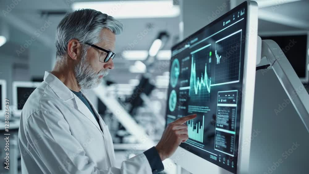 Poster Laboratory professional in sterile white lab coat analyzing scientific data on interactive touchscreen, performing precise digital interactions within cutting edge medical research environment