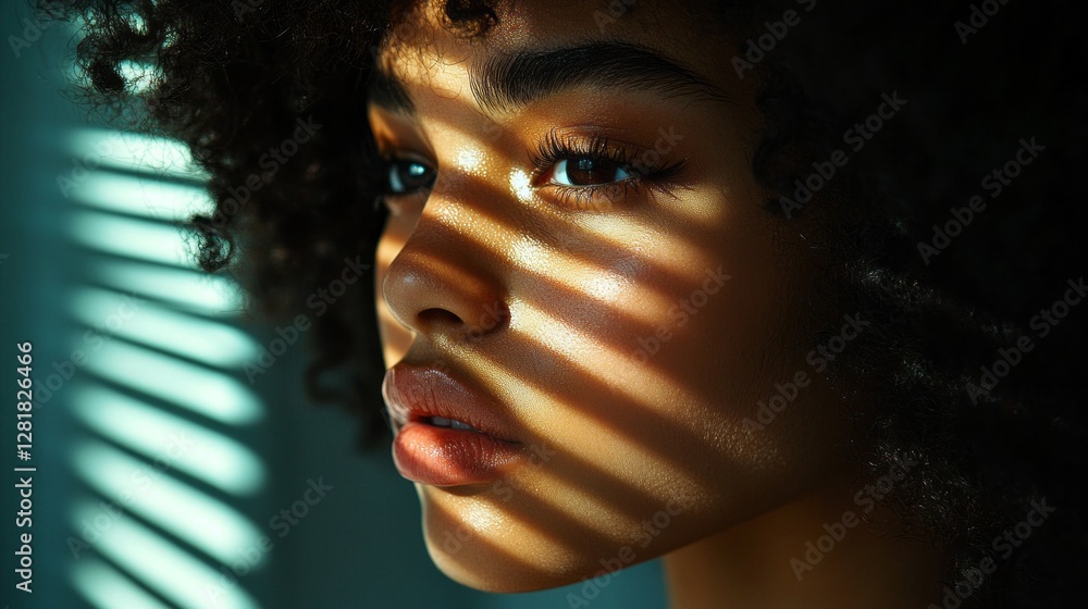 Poster Sunlight filters through blinds, casting delicate shadows across the woman's face. Her features are accentuated by the interplay of light and shadow, creating an intimate and tranquil atmosphere.