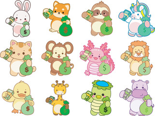 Set Vector Stock Illustrations Isolated of Baby Animals.
Cute animals with various activities.
Funny sticker of animal kids.