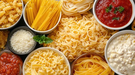 A fresh pasta section with various types of pasta and sauces, advertising style, copy space.