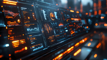 Holographic Analytics Dashboard Floating Over Cyberpunk City Reflection with Glowing Data Lines and Dark Futuristic Background