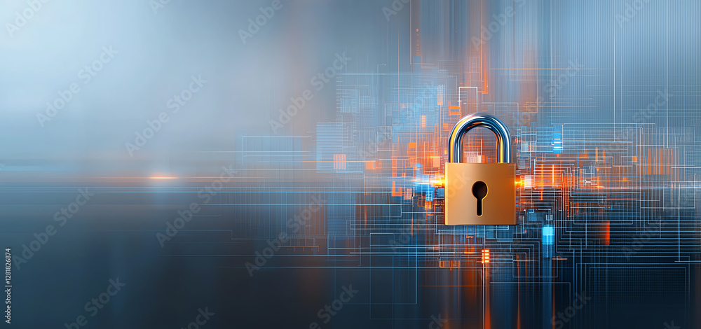 Poster digital illustration of padlock on circuit board, symbolizing security and technology. image conveys