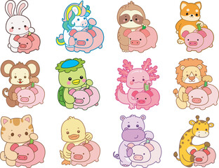 Set Vector Stock Illustrations Isolated of Baby Animals.
Cute animals with various activities.
Funny sticker of animal kids.