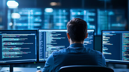 male programmer working at multiple monitors, coding in dark office environment. screens display lines of code, creating focused and tech savvy atmosphere